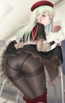  1girl ascot ass bang_dream! bang_dream!_it's_mygo!!!!! beret black_capelet black_pantyhose blunt_bangs blurry blurry_background blush capelet closed_mouth clothes_lift clothes_pull commentary_request frilled_skirt frills from_behind from_below green_hair hat highres indoors kamuchin_soda light_frown long_hair long_sleeves looking_at_viewer looking_back overskirt paid_reward_available panties pantyhose red_hat red_shorts see-through_clothes see-through_sleeves shirt shirt_tucked_in shorts shorts_pull sidelocks skirt skirt_lift solo steaming_body trefoil underwear wakaba_mutsumi white_ascot white_panties white_shirt yellow_eyes 