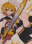  1girl absurdres belt black_sailor_collar black_shorts blonde_hair blue_eyes bow breasts chainsaw commentary danjou_sora detached_sleeves hair_bow hair_ornament hairclip headphones highres kagamine_rin leg_warmers looking_at_viewer midriff navel neckerchief parallel_hairclips sailor_collar sharp_teeth shirt short_hair shorts simple_background sleeveless sleeveless_shirt small_breasts smile teeth vocaloid vocaloid_colosseum_(vocaloid) white_background white_bow white_shirt yellow_belt yellow_liquid yellow_neckerchief yellow_trim 
