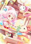  1girl :d aikei_ake animal_ear_fluff animal_ears commentary_request dress gummy_candy holding holding_tray indoors long_hair long_sleeves original pink_dress pink_hair puffy_long_sleeves puffy_sleeves red_eyes signature sleeves_past_wrists smile solo tail tray very_long_hair 
