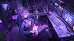  1girl ahoge akuma_nihmune akuma_nihmune_(casual) chair commentary computer computer_keyboard computer_mouse crossed_legs demon_horns desk english_commentary facial_mark guitar hair_between_eyes hair_ornament headphones headphones_around_neck heart heart_facial_mark highres holding holding_guitar holding_instrument horns indie_virtual_youtuber instrument jacket looking_at_viewer macom_m microphone mole mole_under_eye monitor phonograph plant ponytail potted_plant purple_hair red_horns sitting smile solo star_(symbol) star_hair_ornament virtual_youtuber webcam 