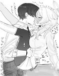  1boy 1girl ^^^ absurdres blue_archive blush boots breasts clothed_sex commentary_request dokunasubi earrings faceless faceless_male french_kiss grabbing_another's_breast greyscale groping hair_over_eyes halo hetero highres jacket jewelry kiss large_breasts legs_up long_hair long_sleeves mirai_(blue_archive) monochrome motion_lines nose_blush pants pantyhose saliva sensei_(blue_archive) sex shirt short_hair speed_lines stud_earrings suspended_congress teacher tongue trembling 