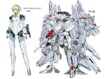  1girl aigis_(persona) alyzeus android armor beam_cannon beam_rifle blonde_hair blue_eyes bow bowtie commentary energy_gun english_commentary finger_cannon gold_hairband gundam gundam:_hathaway's_flash hairband headphones highres joints kaen_(yoltablaze) missile_pod mobile_armor no_feet nu_gundam_mp_type persona persona_3 robot_ears robot_girl robot_joints short_hair simple_background solo v-fin weapon white_background 