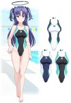  1girl absurdres barefoot black_halo black_one-piece_swimsuit blue_archive blue_eyes breasts commentary_request competition_swimsuit halo highleg highleg_one-piece_swimsuit highres looking_at_viewer mechanical_halo medium_breasts millennium_science_school_logo one-piece_swimsuit poolside purple_hair solo string_of_flags swimsuit takafumi two-tone_one-piece_swimsuit two_side_up yuuka_(blue_archive) 