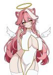 1girl angel_wings animal_ears animated animated_gif areola_slip arms_behind_back bare_shoulders blinking blush bouncing_breasts breast_curtains breasts closed_mouth commentary covered_groin detached_wings dress elbow_gloves eyelashes eyeshadow garter_straps gloves hair_intakes halo hololive hololive_english large_breasts long_hair looking_at_viewer looping_animation makeup minhart multicolored_hair panther_ears panther_girl pelvic_curtain pink_eyeshadow pink_hair raora_panthera simple_background smile solo streaked_hair thighhighs thighs traditional_halo two-tone_hair virtual_youtuber white_background white_dress white_garter_straps white_gloves white_thighhighs white_wings wings yellow_eyes yellow_halo 