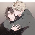  2boys 8garak blonde_hair blue_eyes brown_hair hood hood_down hoodie hug hug_from_behind long_sleeves male_focus medium_hair multiple_boys one_eye_closed original parted_lips short_hair simple_background upper_body yaoi 