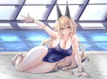  1girl absurdres animal_ears barefoot blonde_hair blue_eyes blue_one-piece_swimsuit breasts cat_ears circlet cleavage commentary_request competition_swimsuit elf glass_ceiling glasses highleg highleg_one-piece_swimsuit highres large_breasts long_hair looking_at_viewer lying on_side one-piece_swimsuit original pointy_ears ponytail pool poolside rei_no_pool smile solo swimsuit tong_shui 
