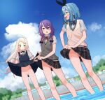  3girls :o absurdres ahoge aqua_pupils bare_legs black_bow black_hairband black_ribbon black_skirt blonde_hair blue_bow blue_bowtie blue_dress blue_eyes blue_hair blue_sky blush bow bow_hairband bowtie braid braided_bangs braided_twintails bright_pupils cleft_of_venus clothes_lift cloud collared_shirt commentary_request day diagonal-striped_bow diagonal-striped_bowtie diagonal-striped_clothes double-parted_bangs dress dress_lift dutch_angle female_pubic_hair floating_hair green_eyes grey_sweater_vest hair_between_eyes hair_bow hairband highres iroha_nanairo_(urushiushiru) lifting_own_clothes long_bangs long_hair looking_at_another looking_down looking_to_the_side makuno_suzu_(urushiushiru) miniskirt multicolored_hair multiple_girls neck_ribbon no_panties open_mouth original otoo_kanade_(urushiushiru) outdoors parted_lips petite pinafore_dress pink_eyes pink_streaks plaid_clothes plaid_skirt profile pubic_hair purple_bow purple_bowtie purple_hair pussy raised_inner_eyebrows ribbon school_uniform shirt short_hair_with_long_locks short_sleeves skirt skirt_lift sky sleeveless sleeveless_dress sparse_pubic_hair streaked_hair striped_bow striped_bowtie striped_clothes sweater_vest turning_head uncensored urushiushiru v-neck variant_set very_long_hair wading water wet wet_clothes wet_shirt white_pupils white_shirt wringing_clothes wringing_skirt yellow_sweater_vest 