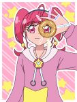  1girl absurdres ahoge anime_coloring blue_hairband blunt_bangs closed_mouth commentary_request donut dot_nose eyelashes food hair_bobbles hair_ornament hairband happy highres holding holding_food hood hood_down hoodie hoshina_hikaru lambda4000 long_hair long_sleeves looking_at_viewer loose_hair_strand official_style outline pink_background pink_eyes pink_hair pink_hoodie precure print_hoodie puffy_long_sleeves puffy_sleeves smile solo star_(symbol) star_pendant star_print star_symbol_background star_twinkle_precure straight-on striped_background tareme twintails upper_body white_outline 