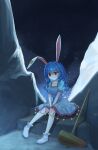  1girl absurdres animal_ears blue_dress blue_hair chinese_commentary closed_mouth commentary_request crescent_print dress earclip frilled_dress frills highres kine long_hair looking_at_viewer mallet night outdoors puffy_short_sleeves puffy_sleeves rabbit_ears rabbit_girl red_eyes seiran_(touhou) short_sleeves sitting smile socks solo star_(sky) star_(symbol) star_print toorooo touhou white_socks 