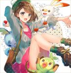 1girl bag brown_bag brown_eyes brown_hair brown_shoes cardigan commentary_request dress gloria_(pokemon) green_hat green_socks grey_cardigan grookey hat holding holding_poke_ball karisa_(nbsdashi284) long_sleeves pink_dress poke_ball pokemon pokemon_(creature) pokemon_sword_and_shield scorbunny shoes shoulder_bag simple_background sobble socks tam_o'_shanter white_background 