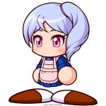  1girl apron artist_request blue_shirt blue_skirt brown_shoes commentary_request copyright_notice jikkyou_powerful_pro_yakyuu jikkyou_powerful_pro_yakyuu_(style) multicolored_shoes no_mouth official_art one_side_up pink_apron pink_eyes power_pro_appli purple_hair rayman_limbs shidou_remi shirt shoes skirt solo tachi-e two-tone_shoes white_background white_shoes 