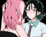  2girls ? alien_stage black_background black_bra black_hair black_necktie blush bra breasts charislynne commentary contrast_collar grey_eyes highres long_hair mizi_(alien_stage) multiple_girls necktie pink_hair school_uniform shirt short_hair sua_(alien_stage) underwear white_shirt yuri zombie_stage 