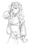  1girl :o blonney bracelet breasts cleavage commentary_request cowboy_shot earrings greyscale hand_on_own_head highres jacket jewelry large_breasts long_hair looking_at_viewer monochrome navel off_shoulder open_clothes open_jacket open_mouth reverse:1999 short_shorts shorts solo sports_bra white_background xjsbca 