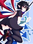  1girl asymmetrical_wings backless_dress backless_outfit black_dress black_hair black_thighhighs bow bowtie commentary_request dress foot_out_of_frame highres holding holding_polearm holding_weapon houjuu_nue looking_at_viewer no_panties one_eye_closed pointy_ears poker_face1225 polearm red_bow red_bowtie red_eyes red_shoes shoes short_dress short_hair snake solo thighhighs tongue tongue_out touhou v weapon wings 