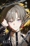  1boy absurdres black_background black_jacket blue_eyes brown_hair chain chain_bracelet chain_necklace character_name closed_mouth commentary diffraction_spikes earrings genshin_impact glint grey_shirt hair_between_eyes hand_on_own_head highres illuga_(genshin_impact) jacket jewelry long_sleeves looking_at_viewer male_focus multicolored_hair necklace portrait red_hair red_pupils shirt short_hair single_earring sohan_(sohan_416) solo splatter_background straight-on turtleneck untranslatable_commentary very_short_hair white_shirt yellow_background 