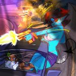  1boy 1girl aiming artist_name battle blue_skin car casing_ejection colored_skin commentary dark-skinned_male dark_skin demon_girl deviantnsfw driving english_commentary explosion firing fishnets gun handgun holding holding_gun holding_weapon horns motor_vehicle muzzle_flash oni original panty_straps shell_casing shorts tail veins veiny_arms weapon 