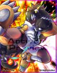  1girl animal_helmet bandaged_leg bandages bearcatmon black_gloves black_helmet boots breasts brown_hair clawed_gloves clenched_hand commentary cropped dark-skinned_female dark_skin digimon digimon_(creature) english_commentary facebook_username fang gloves grin helmet high_kick highres instagram_username jacket kicking knee_pads long_hair long_sleeves medium_breasts multicolored_hair multicolored_jacket orange_boots orange_sleeves red_eyes roller_skates setsu_blue short_shorts shorts single_knee_pad skates skindentation smile solo spiked_gloves star_(symbol) star_print teeth twitter_username two-tone_hair two-tone_jacket very_long_hair watermark watermark_grid white_jacket white_shorts zipper zipper_pull_tab 