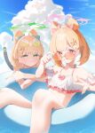 2girls absurdres animal_ears bikini blonde_hair blue_archive blue_sky blush bow cat_tail choker closed_mouth cloud collarbone commentary_request day double_bun eyewear_on_head frilled_bikini frills green-tinted_eyewear green_bow green_eyes green_halo hair_bow hair_bun hair_ornament halo highres innertube ixia559 looking_at_viewer midori_(blue_archive) momoi_(blue_archive) multiple_girls orange-tinted_eyewear outdoors pink_bow red_eyes short_hair siblings sisters sky smile star_(symbol) star_hair_ornament sunglasses swim_ring swimsuit tail tinted_eyewear twins v white_bikini white_choker 