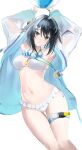  1girl ahoge arknights ball beachball bikini black_eyes black_hair blue_jacket breasts commentary_request eugle_na feather_hair goggles goggles_around_neck hair_ornament highres id_card jacket la_pluma_(arknights) la_pluma_(summer_flowers)_(arknights) long_sleeves looking_at_viewer medium_breasts multicolored_jacket navel official_alternate_costume open_clothes open_jacket short_hair simple_background solo swimsuit two-sided_fabric two-sided_jacket two-tone_jacket whistle whistle_around_neck white_background white_bikini white_jacket 
