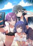  bikini black_bikini black_hair black_nails blue_eyes blush breasts cellphone cleavage closed_mouth collarbone commentary_request fingernails gakuen_idolmaster green_eyes grey_eyes hand_on_another's_shoulder hataya_misuzu highres holding holding_phone idolmaster kaya_rinha long_hair looking_at_viewer medium_breasts nail_polish navel phone purple_hair sarong satolive20 selfie short_hair smartphone smile stomach swimsuit syngup!_(idolmaster) tsukimura_temari v white_bikini 