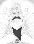  1boy 1girl absurdres arm_support bar_censor bed_sheet blue_archive breasts breasts_out breath censored center_opening clothed_sex clothing_aside commentary_request covered_navel dokunasubi dot_nose eyewear_on_head greyscale halo highres jewelry large_breasts long_hair monochrome nagisa_(blue_archive) nagisa_(swimsuit)_(blue_archive) necklace nipples one-piece_swimsuit open_mouth penis ponytail pussy raised_eyebrows sensei_(blue_archive) sex speech_bubble spoken_character sunglasses sweat swimsuit swimsuit_aside tearing_up translation_request vaginal variant_set wings 