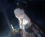 1girl absurdres aqua_neckerchief black_dress black_veil blue_archive blush breasts brown_gloves candle candlestand church closed_mouth crossed_bangs dark dress dutch_angle fire from_side game_asset gloves grey_hair hair_between_eyes hair_ornament halo highres holding holding_candlestand indoors juliet_sleeves large_breasts long_hair long_sleeves looking_at_viewer misom150 neckerchief non-web_source nun nun_headdress official_art pillar pink_eyes puffy_sleeves sakurako_(blue_archive) smile solo stone_wall trinity_general_school_logo upper_body veil very_long_hair yellow_halo 