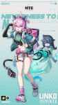  2girls absurdres belt black_hair black_shirt blue_jacket cable cable_tail company_name copyright_logo copyright_name english_text ghost_girl green_eyes headphones highres jacket lightning_bolt_symbol linko_(nte) logo long_sleeves looking_at_viewer mechanical_tail midriff multicolored_shoes multiple_girls navel neverness_to_everness official_art open_clothes open_jacket pink_eyes pink_hair pink_shoes print_shirt promotional_art salute shirt shoes short_hair short_shorts shorts simple_background tail thigh_belt thigh_strap tied_shirt white_shoes xiaozhen_(nte) 