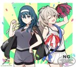  2girls :d ;d arm_up armpits artist_name blue_eyes blue_hair blush border breasts cheerleader cleavage clenched_hand commentary_request female_byleth_(cheer_power)_(fire_emblem) female_byleth_(fire_emblem) female_corrin_(cheer_power)_(fire_emblem) female_corrin_(fire_emblem) fire_emblem fire_emblem:_three_houses fire_emblem_fates fire_emblem_heroes grey_hair hair_between_eyes hairband hand_up highres holding holding_pom_poms jacket jacket_on_shoulders komurice long_hair medium_breasts medium_hair multiple_girls official_alternate_costume official_alternate_hairstyle one_eye_closed open_mouth pointy_ears pom_pom_(cheerleading) ponytail red_eyes signature simple_background skirt smile standing thighs twitter_username watermark white_border white_hairband 