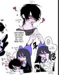  >_< 1boy 1girl ahoge aqua_eyes art_program_in_frame bakedgyul black_dress black_hair blunt_bangs blush bow broken_heart clenched_hand clenched_teeth clip_studio_paint clip_studio_paint_(medium) collared_dress colored_inner_hair commentary_request cross_tie disembodied_head disgust dress drooling earrings eyebrow_cut fang fingerprint flying_sweatdrops hair_bow hair_over_one_eye heart heart-shaped_pupils heart_ahoge highres holding holding_detached_head hoop_earrings index_fingers_together jewelry korean_commentary korean_text large_bow long_sleeves looking_ahead loose_hair_strand mouth_drool multicolored_eyes multicolored_hair multiple_necklaces necklace oc_x_canon one_eye_covered open_mouth original panty_&amp;_stocking_with_garterbelt pink_eyes pink_hair pink_streaks pointing pointing_at_viewer punching purple_bow purple_cross_tie raised_inner_eyebrows ringed_eyes screenshot short_hair simple_background smile speech_bubble spiral spiral_fingerprint stocking_(psg) straight_hair streaked_hair sweat symbol-shaped_pupils talking teeth toon_(style) translation_request turn_pale two-tone_eyes two-tone_hair upper_teeth_only white_background wing_collar wolf_cut yellow_pupils 