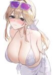  1girl absurdres arms_behind_back bikini blue_eyes blush breasts cleavage commentary_request eyewear_on_head goddess_of_victory:_nikke highres huge_breasts long_hair marumai purple_eyes sarong simple_background solo sunglasses swimsuit tia_(nikke) tia_(sea_lizzie)_(nikke) very_long_hair white_background white_bikini white_sarong 
