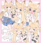  !? 1girl animal_ear_fluff animal_ears aqua_eyes bag bandaid bandaid_on_leg blonde_hair blue_skirt center-flap_bangs character_doll commission doll food-themed_hair_ornament fox_ears fox_girl fox_tail hair_ornament hair_scrunchie heart highres leg_warmers mole mooosikasite multiple_views musical_note necktie one_eye_closed open_mouth original pink_necktie plaid_clothes plaid_skirt pleated_skirt school_bag scrunchie shirt shoes short_sleeves skeb_commission skirt sleepy smile spoken_heart spoken_musical_note strawberry_hair_ornament tail two_side_up white_leg_warmers white_shirt white_shoes x_hair_ornament yawning 