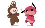  arcsinus commentary creature crossover dancing english_commentary full_body highres labubu maromi mousou_dairinin no_humans pop_mart sharp_teeth simple_background sparkle stuffed_animal stuffed_dog stuffed_toy teeth white_background 