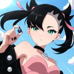  1girl artist_name asymmetrical_bangs bare_shoulders black_choker black_hair black_jacket black_nails breasts choker dress green_eyes hair_ribbon highres jacket jewelry marnie_(pokemon) medium_breasts mega_stone necklace pink_dress pokemon pokemon_sword_and_shield ribbon su1zide twintails 