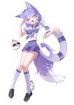  1girl absurdres animal_ear_fluff animal_ears belt black_belt black_shoes blue_eyes bow bowtie commentary_request fang fox_ears fox_girl fox_tail full_body g_godocbaek hat heterochromia highres holding holding_swim_ring inari_(tenko_shibuki) kneehighs korean_commentary lifebuoy loafers medium_hair midriff navel open_mouth purple_bow purple_bowtie purple_hair purple_sailor_collar purple_shorts sailor_collar sailor_hat sailor_shirt shirt shoes short_sleeves shorts simple_background skin_fang socks stellive swim_ring tail tenko_shibuki virtual_youtuber white_background white_hat white_shirt white_socks yellow_eyes 