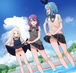  3girls :o absurdres ahoge aqua_pupils bare_legs black_bow black_hairband black_ribbon black_skirt blonde_hair blue_bow blue_bowtie blue_dress blue_eyes blue_hair blue_panties blue_sky blush bow bow_hairband bow_panties bowtie braid braided_bangs braided_twintails bright_pupils cameltoe clothes_lift cloud collared_shirt commentary_request crotch_seam day diagonal-striped_bow diagonal-striped_bowtie diagonal-striped_clothes double-parted_bangs dress dress_lift dutch_angle floating_hair green_eyes grey_sweater_vest hair_between_eyes hair_bow hairband highres iroha_nanairo_(urushiushiru) lifting_own_clothes long_bangs long_hair looking_at_another looking_down looking_to_the_side makuno_suzu_(urushiushiru) miniskirt multicolored_hair multiple_girls neck_ribbon open_mouth original otoo_kanade_(urushiushiru) outdoors panties parted_lips pinafore_dress pink_eyes pink_streaks plaid_clothes plaid_skirt profile purple_bow purple_bowtie purple_hair raised_inner_eyebrows ribbon school_uniform shirt short_hair_with_long_locks short_sleeves skirt skirt_lift sky sleeveless sleeveless_dress streaked_hair striped_bow striped_bowtie striped_clothes striped_panties sweater_vest turning_head underwear urushiushiru v-neck variant_set very_long_hair wading water wet wet_clothes wet_panties wet_shirt white_pupils white_shirt wringing_clothes wringing_skirt yellow_panties yellow_sweater_vest 