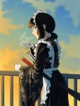  1girl absurdres apron bandaged_hand bandages black_hair black_kimono blue_sky cigarette cloud cloudy_sky co_duck commission commissioner_upload exhaling_smoke floral_print from_side green_eyes hand_on_railing headband highres holding holding_cigarette japanese_clothes katana kimono looking_at_viewer maid maid_headdress mole mole_under_eye non-web_source original ponytail print_kimono railing sheath sheathed short_ponytail sideways_glance sky solo sword wa_maid weapon white_apron white_headband 