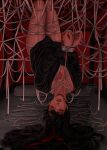  1boy absurdres androgynous artist_name bare_legs bdsm bed black_hair black_hanfu bondage bottomyllz bound bound_legs bound_wrists branded chinese_clothes chromatic_aberration collarbone english_commentary eyelashes glowing glowing_eyes grandmaster_of_demonic_cultivation hair_down hair_ribbon hair_spread_out half_updo hanfu highres implied_yaoi indoors long_hair long_sleeves looking_at_viewer male_focus official_alternate_hairstyle open_mouth parted_lips pectorals pillow realistic red_background red_eyes red_light red_ribbon red_theme restrained ribbon ribbon_bondage robe scar scar_on_chest shibari shibari_under_clothes silk solo spider_web too_many_ribbons upside-down very_long_hair wei_wuxian wei_wuxian_(yiling_laozu) white_ribbon 