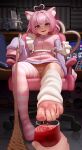  1girl absurdres aisu_koffie animal_ears barefoot breasts cat_ears cat_girl commission commissioner_upload cup drinking_glass feet foot_focus foreshortening highres holding holding_leash indie_virtual_youtuber kairunoburogu leash leg_warmers multicolored_thighhighs nail_polish non-web_source panties pink_hair pov presenting_foot purple_eyes single_bare_foot small_breasts striped_clothes striped_panties striped_thighhighs thighhighs toenail_polish toenails toes underwear viewer_on_leash virtual_youtuber wine_glass 