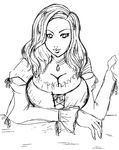  arm_up artist_request bow breasts cleavage corset dragon's_dogma fingernails frills greyscale jewelry large_breasts lips long_fingernails long_hair looking_at_viewer madeleine_(dragon's_dogma) monochrome necklace pendant ribbon simple_background sketch solo table upper_body wide_sleeves 