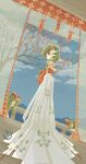  blue_sky bob_cut bowl_cut clothed_pokemon cloud commentary_request gardevoir green_hair highres horns japanese_clothes kirlia looking_at_viewer looking_back pokemon pokemon_(creature) ralts red_eyes sidelocks skirt sky tree white_skirt yosuramu 