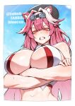  1girl animal_ears artist_name bare_shoulders beret black_hat blue_sky bluecup blush breasts center_opening clenched_teeth collared_shirt commentary crossed_arms day eyelashes eyeshadow fang goggles goggles_on_head hair_intakes hat highres hololive hololive_english huge_breasts long_hair makeup multicolored_hair navel panther_ears panther_girl pink_hair raora_panthera raora_panthera_(1st_costume) red_eyeshadow shirt sky sleeveless sleeveless_shirt solo stomach streaked_hair sweat teeth two-tone_hair virtual_youtuber white_shirt yellow_eyes 