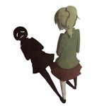  6274 bad_id bad_pixiv_id blonde_hair from_behind green_shirt high_ponytail looking_down miniskirt open_mouth pleated_skirt poniko ponytail sad shadow shirt simple_background skirt solo sweater tears uboa white_background yume_nikki 