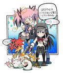  :&gt; akemi_homura black_hair blush_stickers braiding_hair gashi-gashi gun hairband hairdressing headshot homu kaname_madoka kyubey long_hair mahou_shoujo_madoka_magica multiple_girls pantyhose pink_hair school_uniform short_twintails translated twintails v weapon 