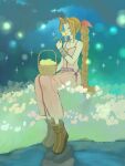  1girl aerith_gainsborough belt boots braid braided_ponytail breasts brown_boots choker dress final_fantasy final_fantasy_vii flower flower_basket green_eyes hair_ribbon highres holding holding_flower kingdom_hearts long_dress medium_breasts official_alternate_costume parted_bangs pink_dress purple_belt red_ribbon ribbon ribbon_choker sidelocks silver_bangle single_braid sitting sleeveless sleeveless_dress solo spaghetti_strap sparkle urbestfriend_2 yellow_flower 