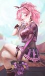  1girl black_skirt breasts cheerleader commentary crossed_legs earrings elbow_gloves gloves hair_ornament highres jewelry mn374390 one_eye_closed phase_connect pink_hair pink_nails pom_pom_(cheerleading) purple_eyes runie_ruse single_elbow_glove sitting skirt smile snake_earrings solo virtual_youtuber 