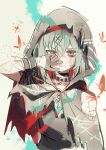  1girl bare_shoulders black_choker blood choker cloak colored_inner_hair commentary_request grey_hair hair_ornament hand_on_own_face looking_at_viewer mahou_shoujo_no_majo_saiban mirage_mnsb multicolored_hair nosebleed open_mouth red_eyes shito_alisa simple_background sketch solo torn_cloak torn_clothes x_hair_ornament 