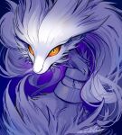  commentary_request highres looking_at_viewer no_humans o_hitu_g orange_eyes pokemon pokemon_(creature) pokemon_focus portrait purple_background reshiram simple_background 