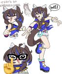  2girls absurdres animal_ears bad_id bad_twitter_id black-framed_eyewear blue_boots blue_hair blue_shirt boots brown_hair chigyudoomer chudjak daitaku_helios_(fun_fun_party_night)_(umamusume) daitaku_helios_(umamusume) double_gyaru_v ear_covers english_text full_body glasses gyaru_v hair_ornament highres horse_ears horse_girl horse_tail long_hair looking_at_viewer manhattan_cafe_(umamusume) multicolored_hair multiple_girls multiple_views navel nerd_emoji one_eye_closed one_side_up open_mouth shirt shorts simple_background smile solo_focus standing standing_on_one_leg star_(symbol) star_hair_ornament sticker sticker_on_face t-shirt tail tied_shirt two-tone_hair umamusume v white_background white_shorts yellow_eyes 