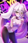  1girl 7_mochi_mochi_7 animal_ears breasts carrot_hair_ornament cube food-themed_hair_ornament gradient_hair grey_hair hair_between_eyes hair_ornament henya_the_genius henya_the_genius_(bunniversary) highres leotard long_bangs long_hair lop_rabbit_ears multicolored_hair pantyhose playboy_bunny purple_hair purple_leotard rabbit_ears rabbit_girl small_breasts solo sparkling_eyes very_long_hair virtual_youtuber vshojo white_wrist_cuffs wrist_cuffs yellow_eyes 