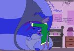 absurd_res ambiguous_gender anthro bedroom blue_body blue_fur blue_nipples blueberry_inflation clothing diamond_rodriguez_(mitzapizza) dirty_talk ditto_(pokemon) duo english_text expansion eyewear fellatio female female/ambiguous fur generation_1_pokemon generation_3_pokemon glasses green_clothing green_eyes green_outfit green_sclera hi_res humanoid immobile inflation lip_expansion lips mitza_the_ditto_(mitzapizza) nintendo nipple_slip nipples onomatopoeia oral penile pikachu pokemon pokemon_(species) profanity purple_body purple_lip sableye sex sound_effects text thong topwear torn_clothing torn_topwear underwear wardrobe_malfunction youeversheep